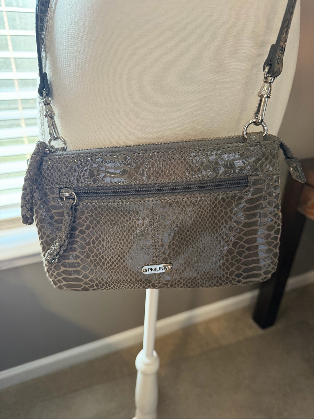 Perlina Glossy Taupe Snake-Embossed Crossbody
